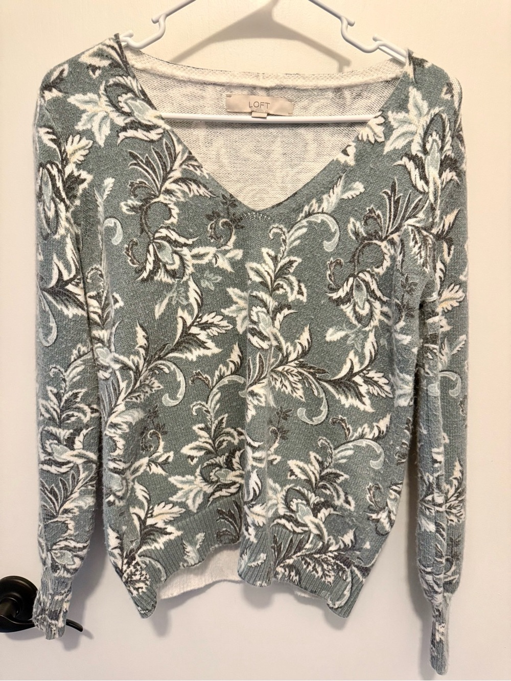 LOFT Sage Green Floral V-Neck Sweater. Size XS